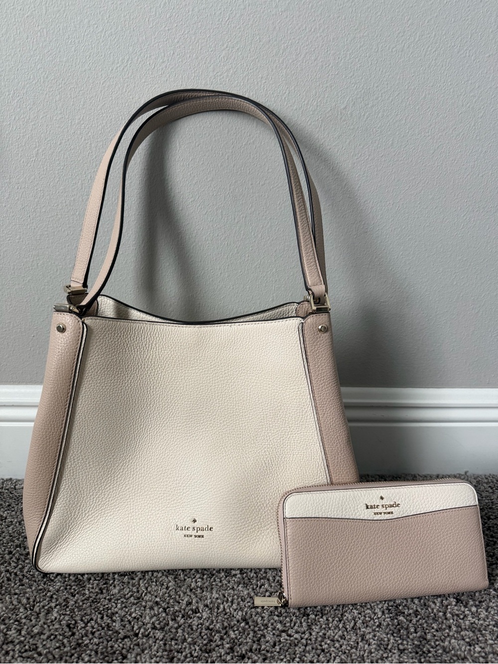 kate spade Cream and Taupe Two-Tone Pebbled Leather Shoulder Tote with Wallet